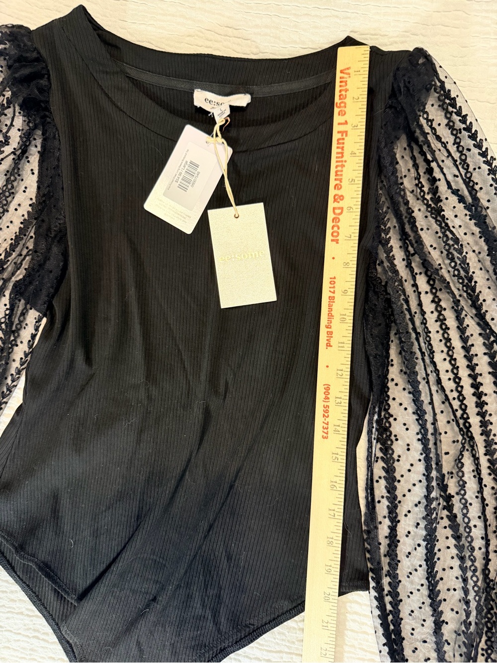 Eesome Boutique Ribbed Bodysuit Sheer Puff Sleeves NWT Chic Fitted Top - Picture 6 of 8